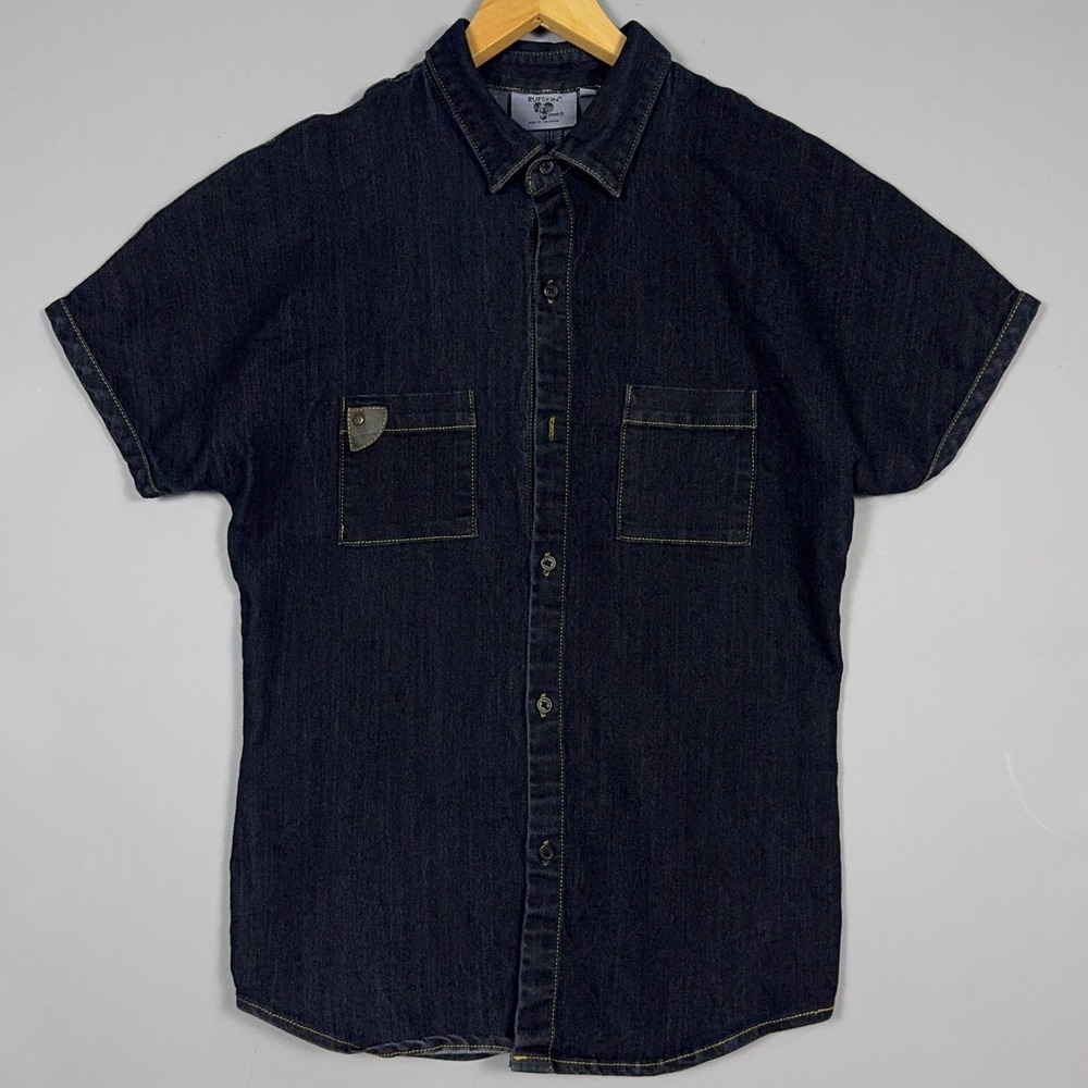 Rufskin Stretch Short Sleeve Denim Shirt Mens Size Medium Dark Indigo